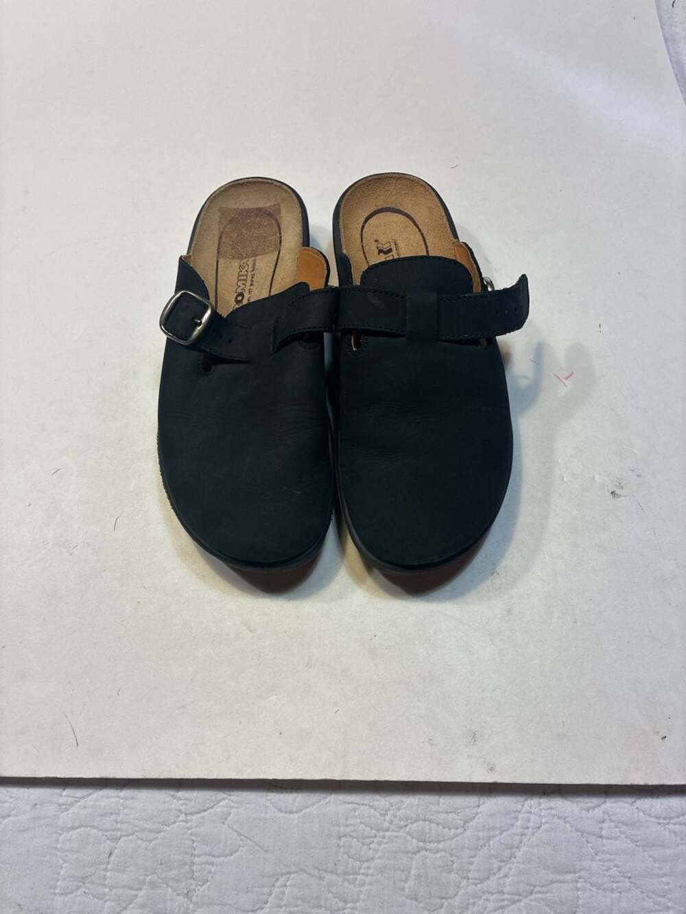 Romika Black Leather Buckle Slip-On Clogs Mules